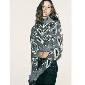 Zara blue gray pom pom cropped jacquard pattern sweater size small